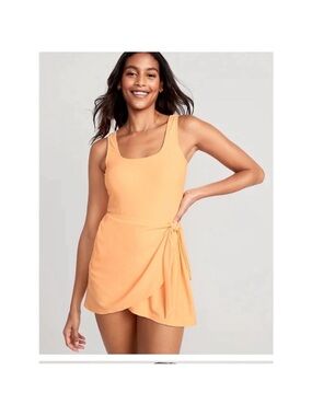 Old Navy Peach-Orange One-Piece Swim Dress with Tie-Wrap Skirt
